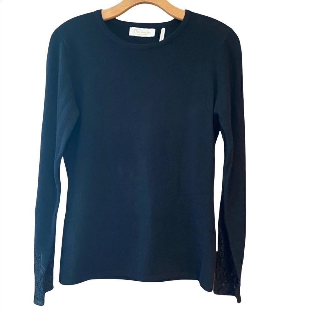 Mainbocher S Black Vintage 100% Cashmere Crew Lacey Long Sleeve Sweater
